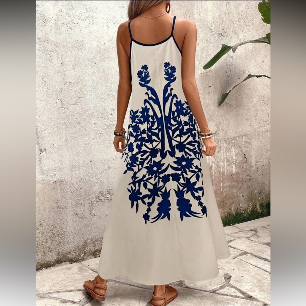 Blue and White Floral Print Maxi Dress - Picture 2 of 7